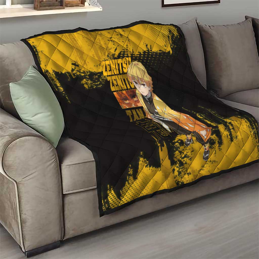 Zenitsu Agatsuma Demon Slayer Yellow Grunge Design Quilt with Lightning Eyes and Bold Pose - The Mazicc