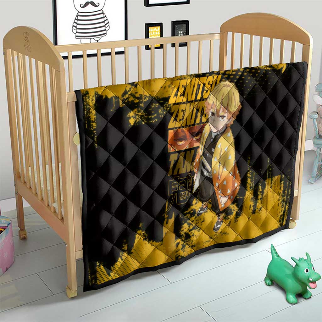Zenitsu Agatsuma Demon Slayer Yellow Grunge Design Quilt with Lightning Eyes and Bold Pose - The Mazicc