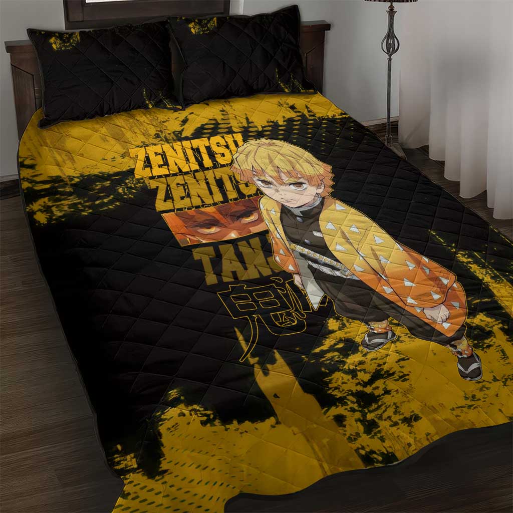 Zenitsu Agatsuma Demon Slayer Yellow Grunge Design Quilt Bed Set with Lightning Eyes and Bold Pose - The Mazicc