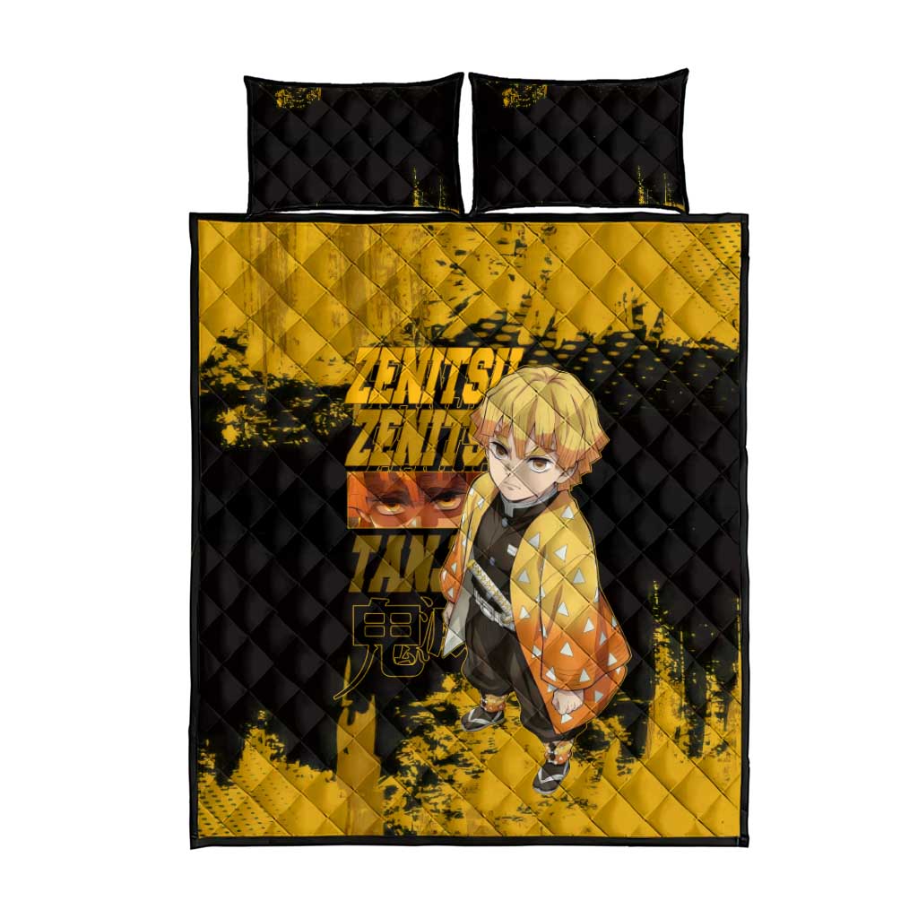Zenitsu Agatsuma Demon Slayer Yellow Grunge Design Quilt Bed Set with Lightning Eyes and Bold Pose - The Mazicc