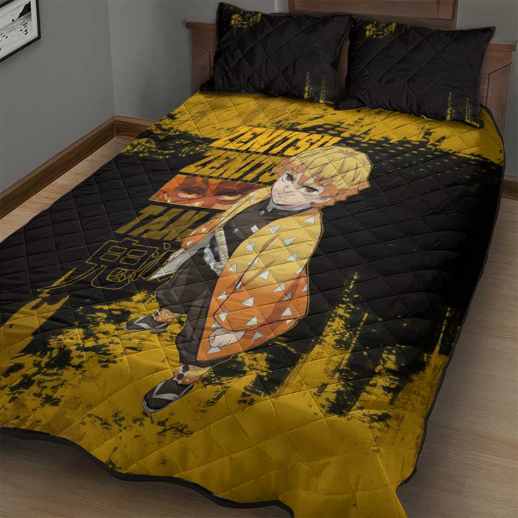 Zenitsu Agatsuma Demon Slayer Yellow Grunge Design Quilt Bed Set with Lightning Eyes and Bold Pose - The Mazicc