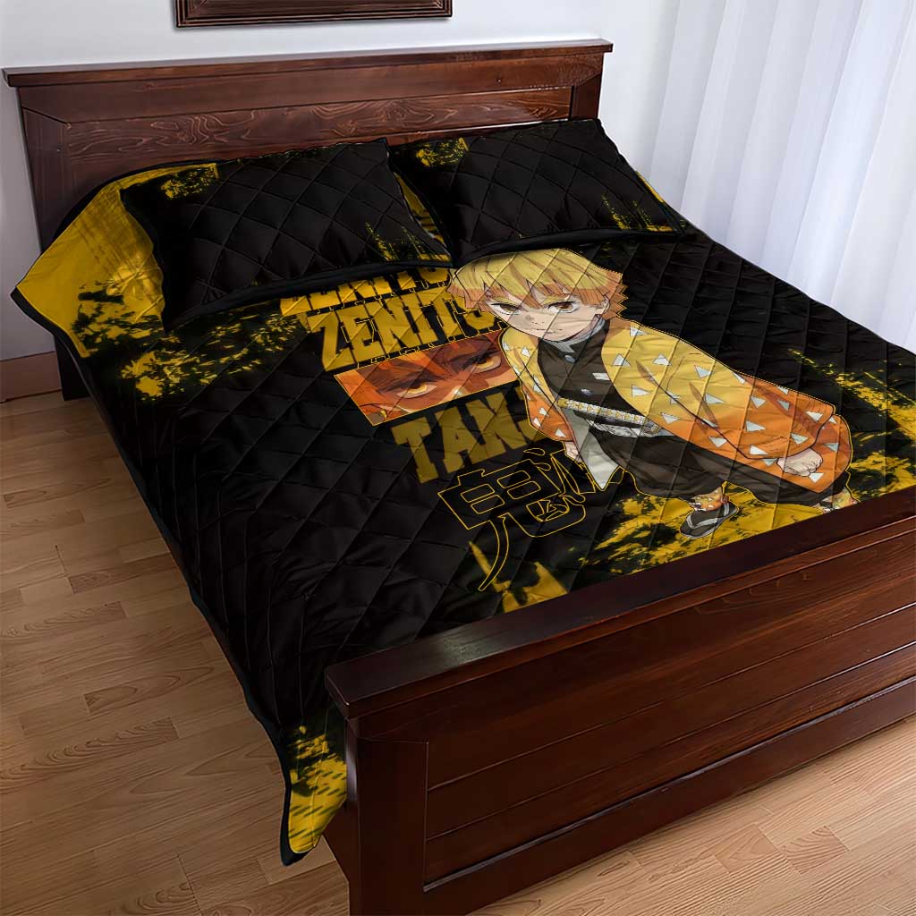 Zenitsu Agatsuma Demon Slayer Yellow Grunge Design Quilt Bed Set with Lightning Eyes and Bold Pose - The Mazicc
