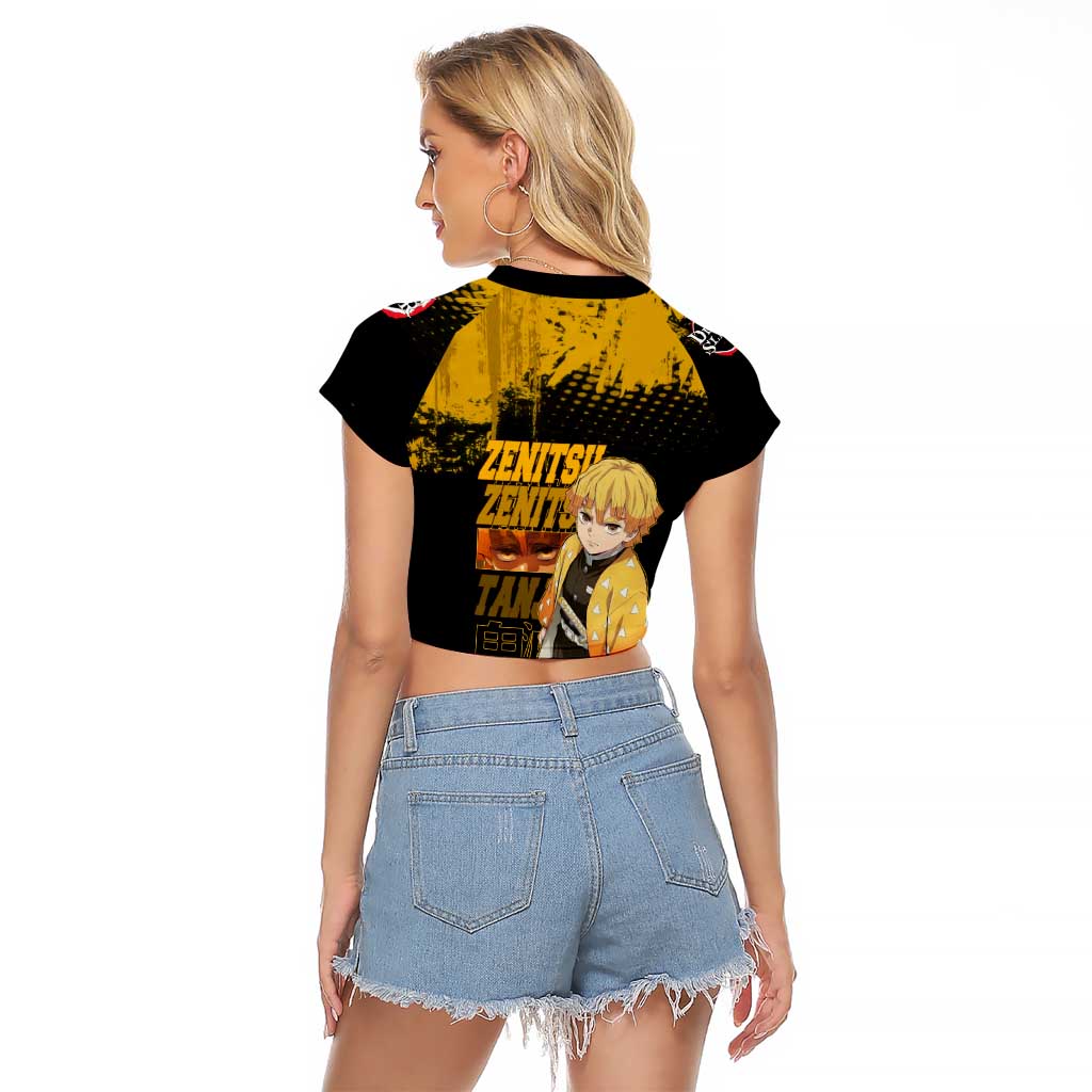 Zenitsu Agatsuma Demon Slayer Yellow Grunge Design Raglan Cropped T Shirt with Lightning Eyes and Bold Pose - The Mazicc
