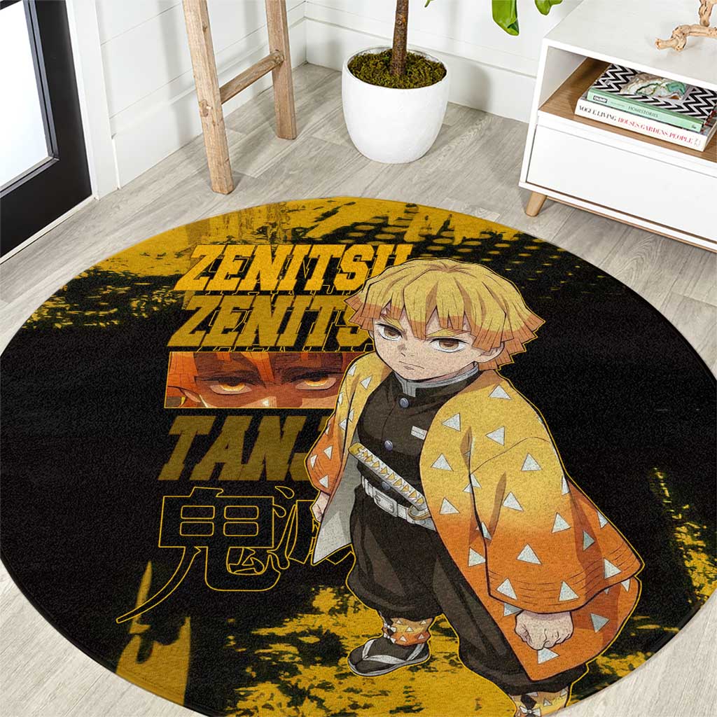 Zenitsu Agatsuma Demon Slayer Yellow Grunge Design Round Carpet with Lightning Eyes and Bold Pose - The Mazicc