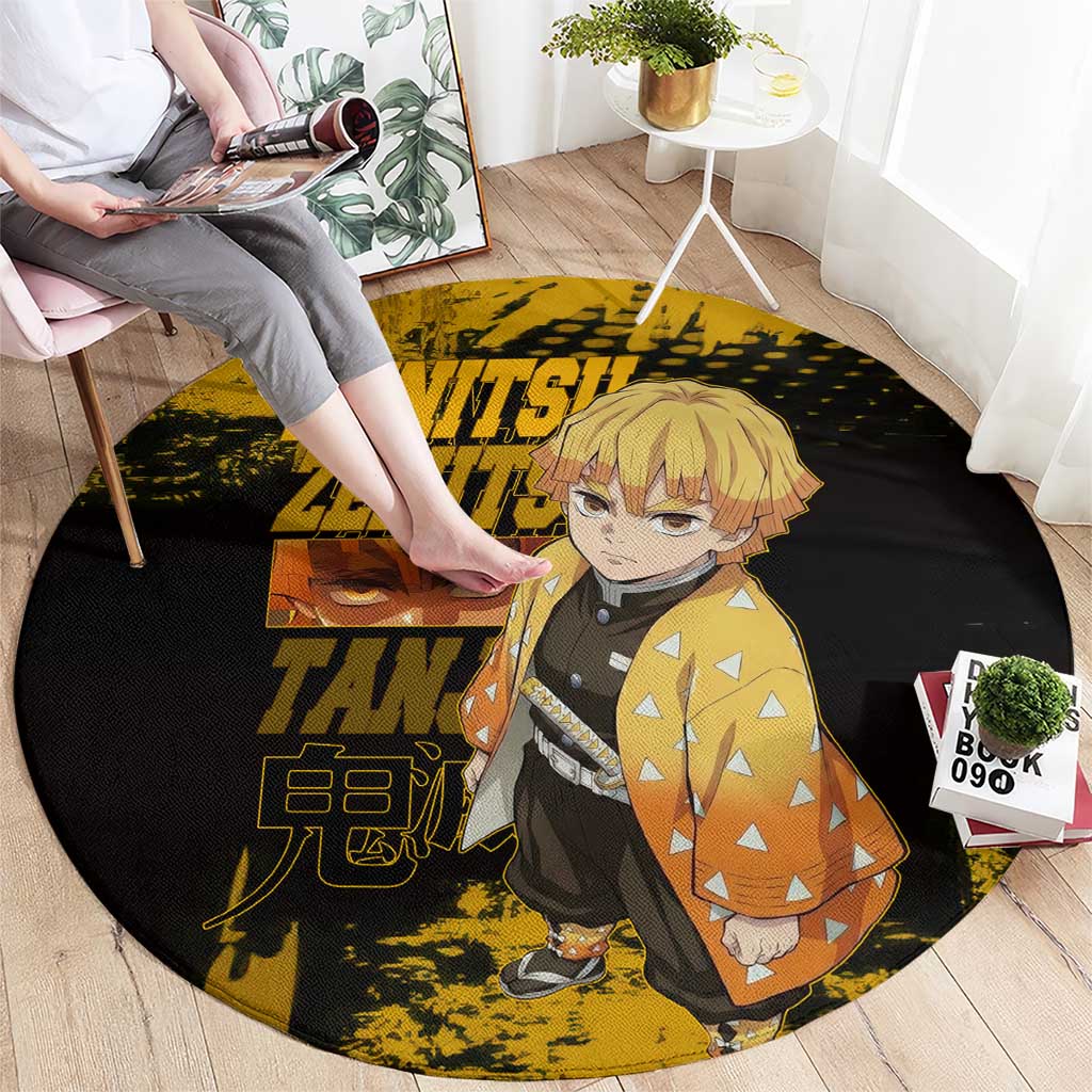 Zenitsu Agatsuma Demon Slayer Yellow Grunge Design Round Carpet with Lightning Eyes and Bold Pose - The Mazicc