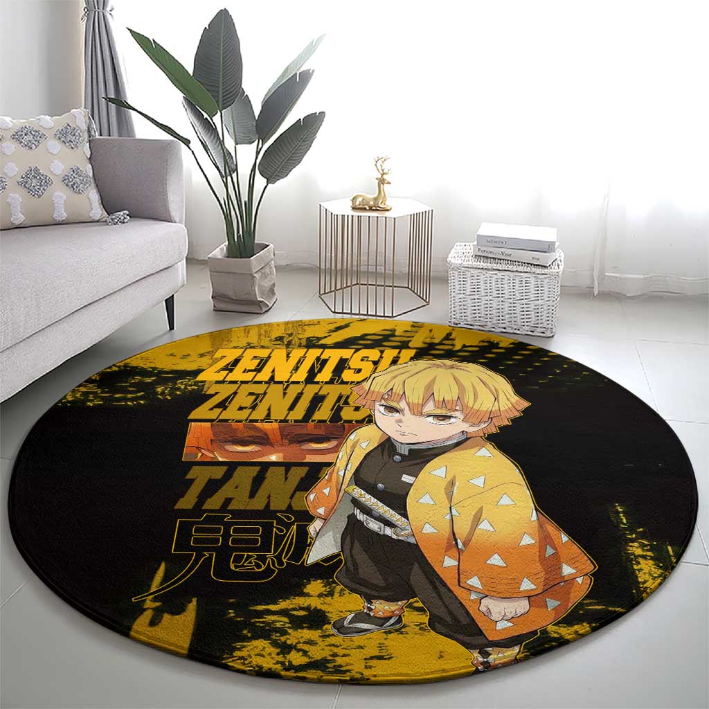 Zenitsu Agatsuma Demon Slayer Yellow Grunge Design Round Carpet with Lightning Eyes and Bold Pose - The Mazicc