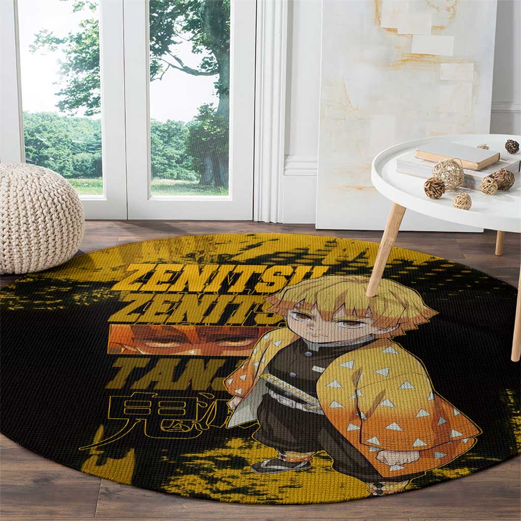 Zenitsu Agatsuma Demon Slayer Yellow Grunge Design Round Carpet with Lightning Eyes and Bold Pose - The Mazicc