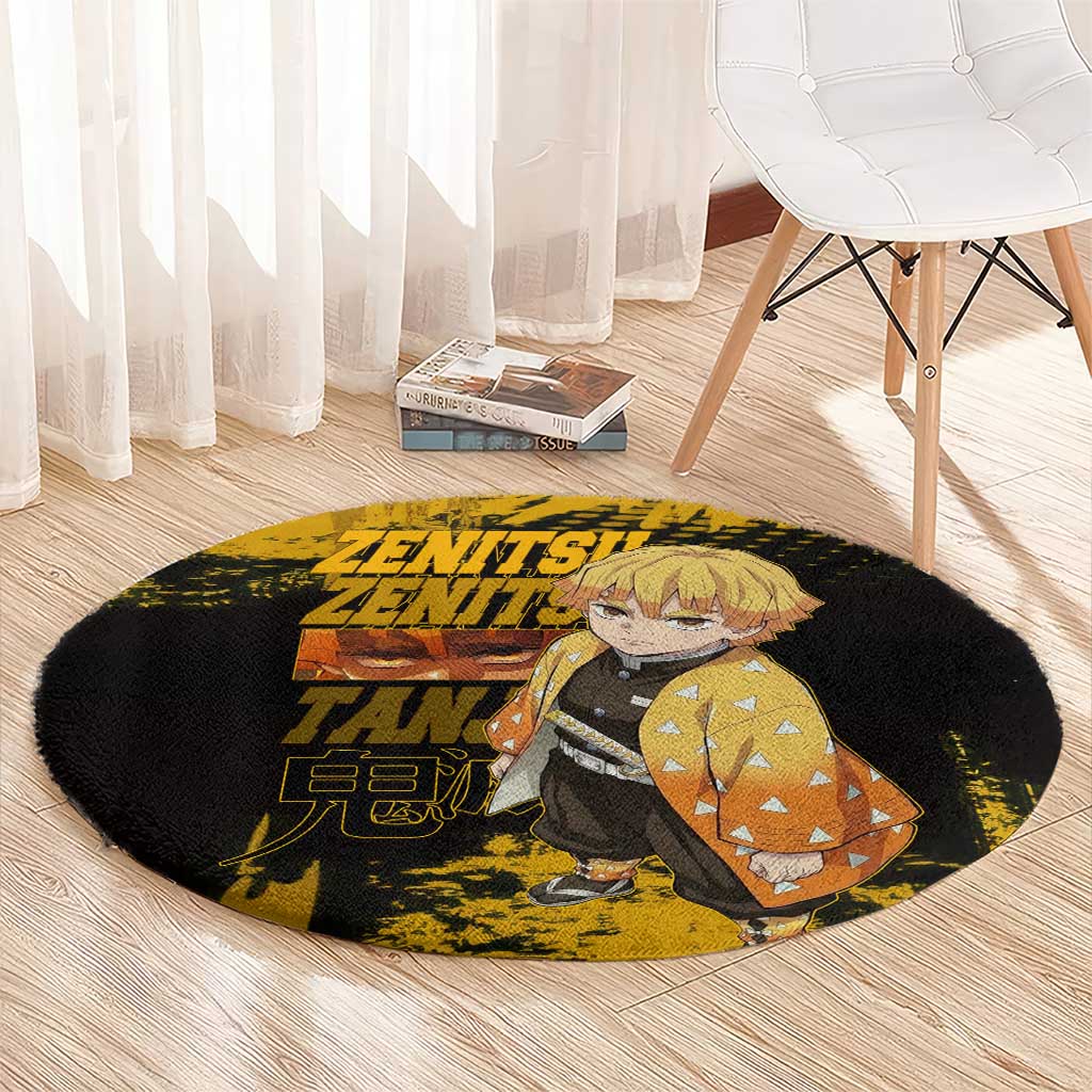 Zenitsu Agatsuma Demon Slayer Yellow Grunge Design Round Carpet with Lightning Eyes and Bold Pose - The Mazicc