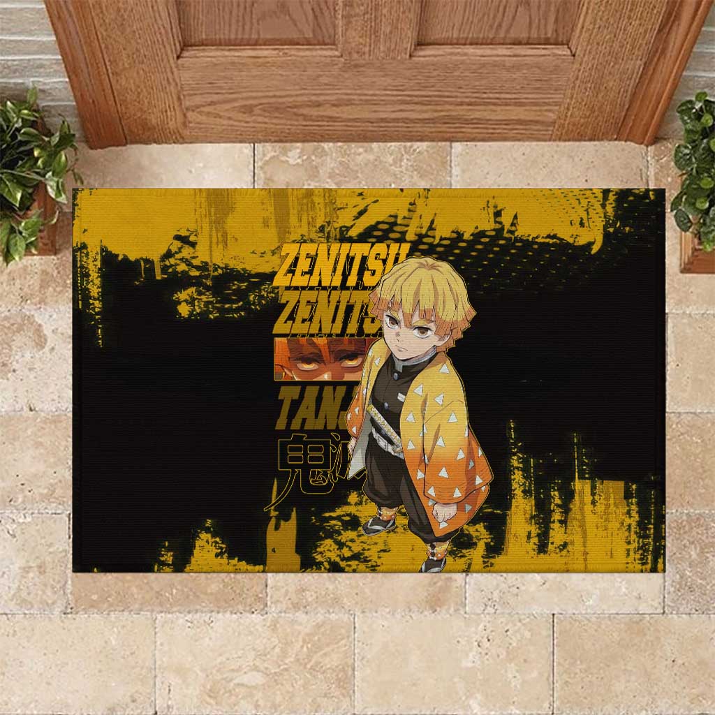 Zenitsu Agatsuma Demon Slayer Yellow Grunge Design Rubber Doormat with Lightning Eyes and Bold Pose - The Mazicc