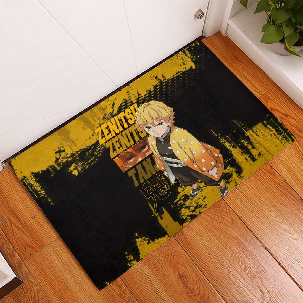 Zenitsu Agatsuma Demon Slayer Yellow Grunge Design Rubber Doormat with Lightning Eyes and Bold Pose - The Mazicc