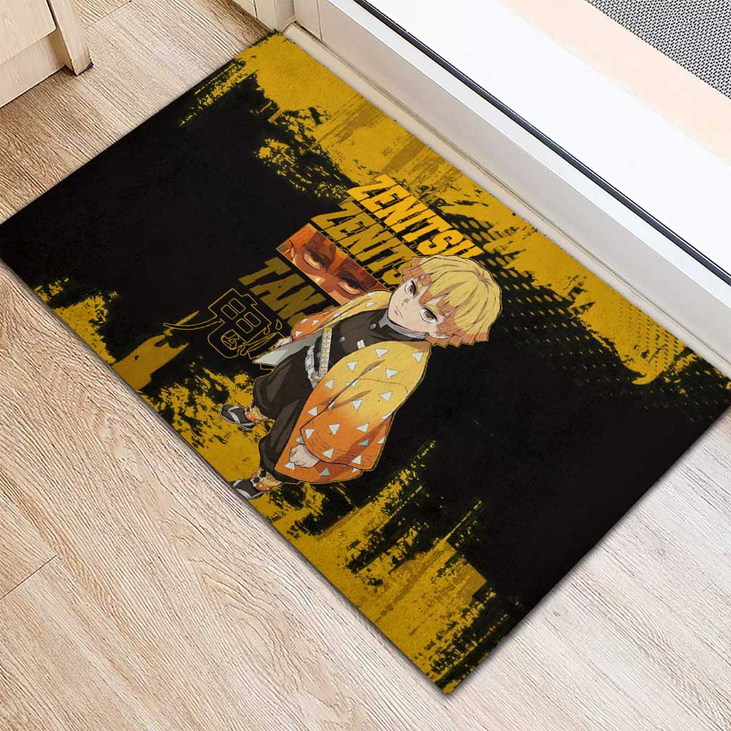 Zenitsu Agatsuma Demon Slayer Yellow Grunge Design Rubber Doormat with Lightning Eyes and Bold Pose - The Mazicc