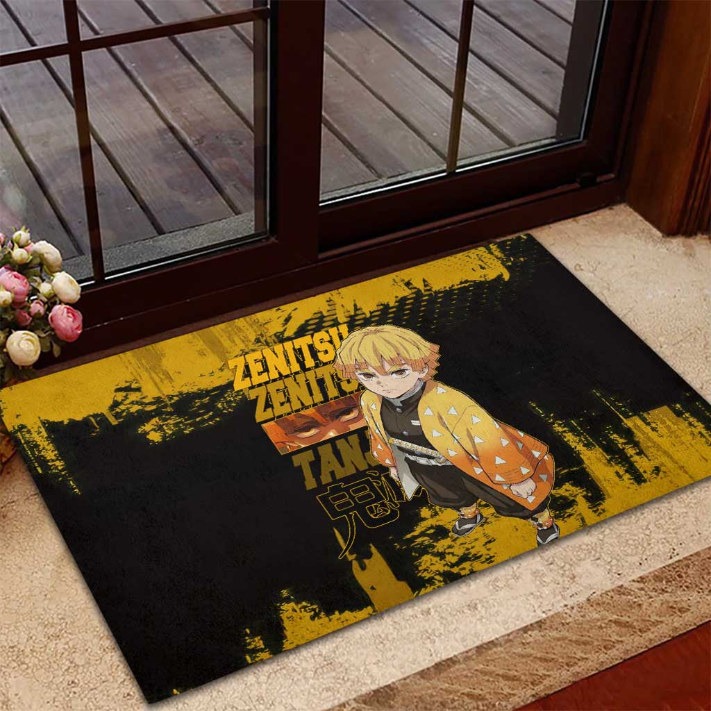 Zenitsu Agatsuma Demon Slayer Yellow Grunge Design Rubber Doormat with Lightning Eyes and Bold Pose - The Mazicc