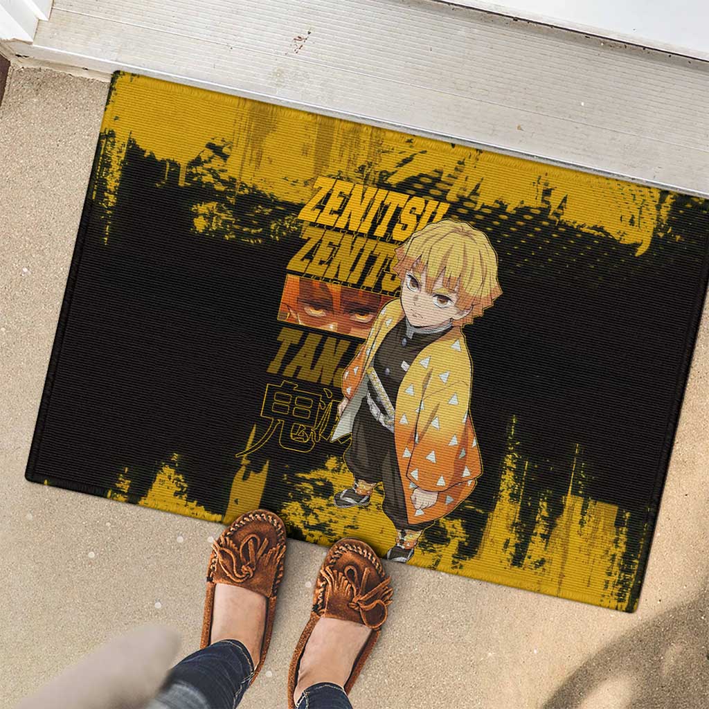 Zenitsu Agatsuma Demon Slayer Yellow Grunge Design Rubber Doormat with Lightning Eyes and Bold Pose - The Mazicc