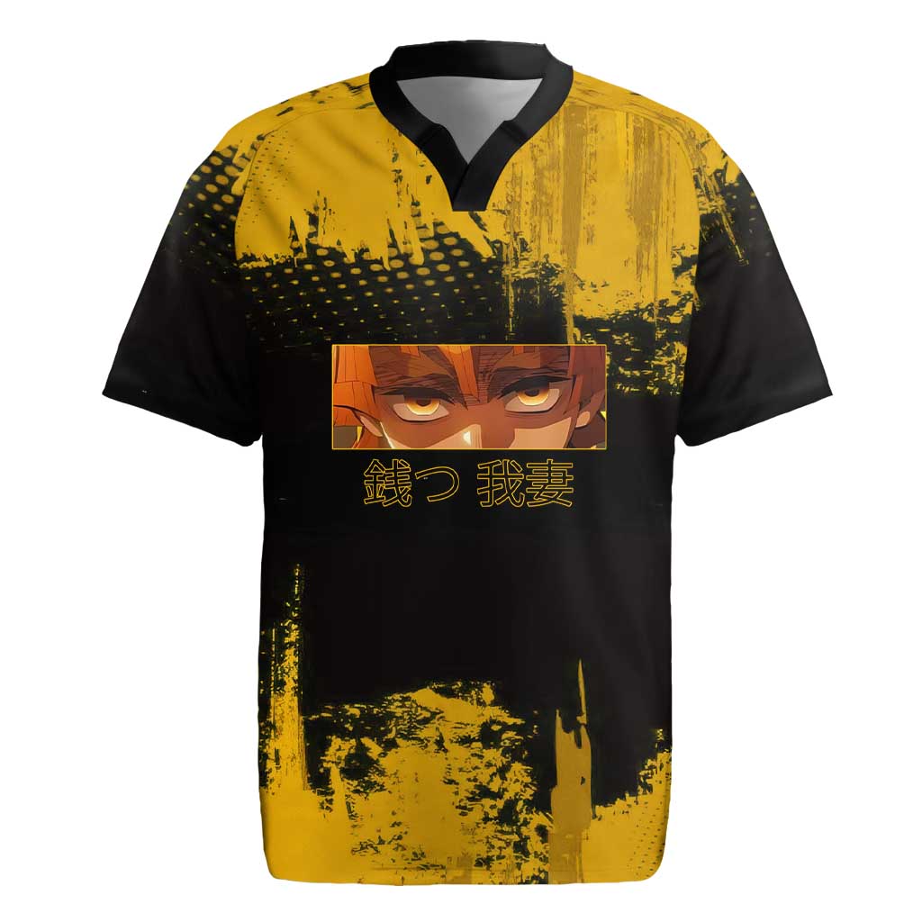 Zenitsu Agatsuma Demon Slayer Yellow Grunge Design Rugby Jersey with Lightning Eyes and Bold Pose - The Mazicc