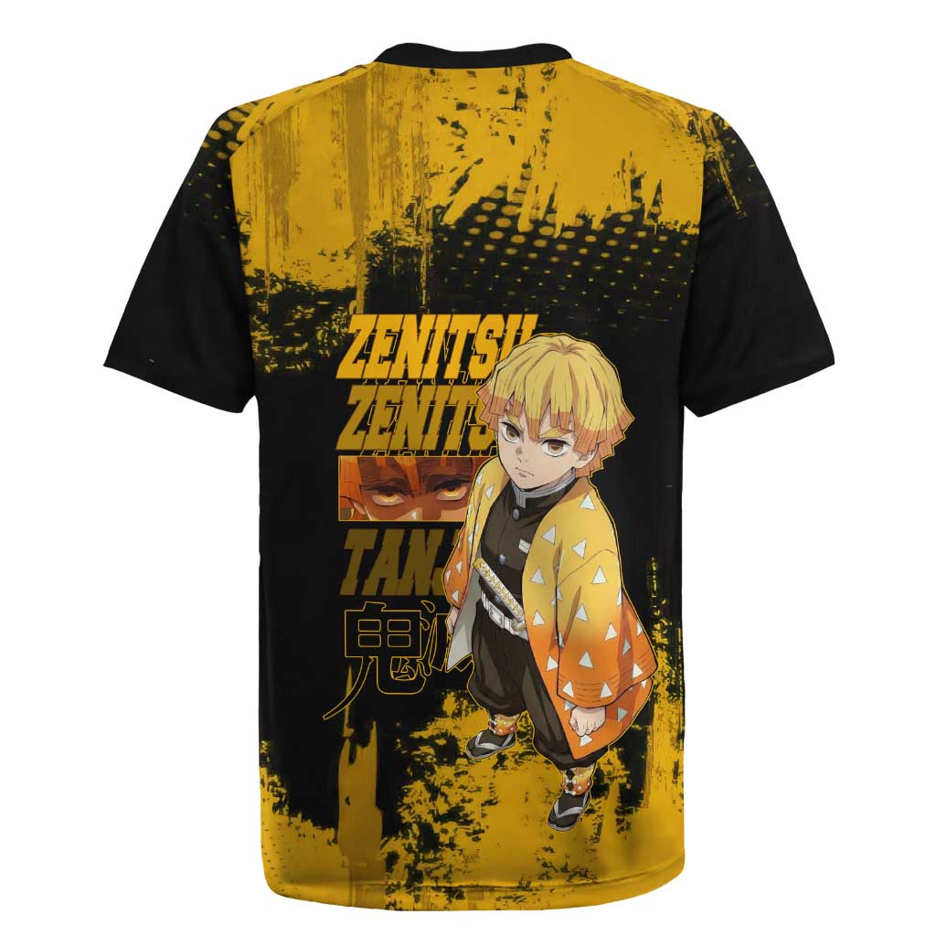 Zenitsu Agatsuma Demon Slayer Yellow Grunge Design Rugby Jersey with Lightning Eyes and Bold Pose - The Mazicc
