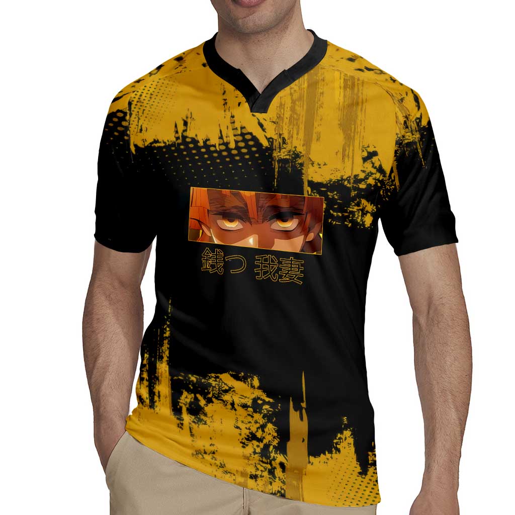Zenitsu Agatsuma Demon Slayer Yellow Grunge Design Rugby Jersey with Lightning Eyes and Bold Pose - The Mazicc
