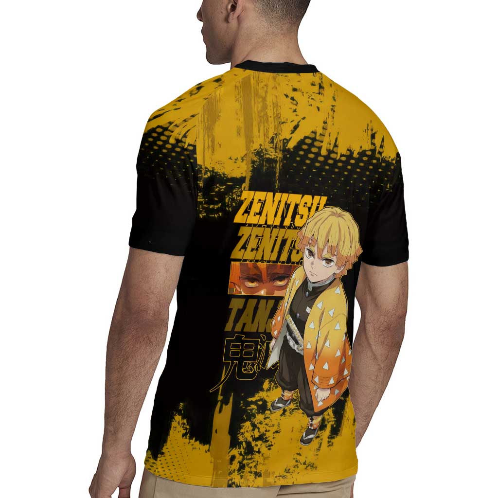 Zenitsu Agatsuma Demon Slayer Yellow Grunge Design Rugby Jersey with Lightning Eyes and Bold Pose - The Mazicc