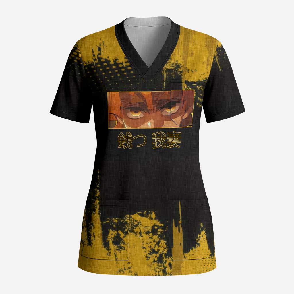 Zenitsu Agatsuma Demon Slayer Yellow Grunge Design Scrub Top with Lightning Eyes and Bold Pose - The Mazicc