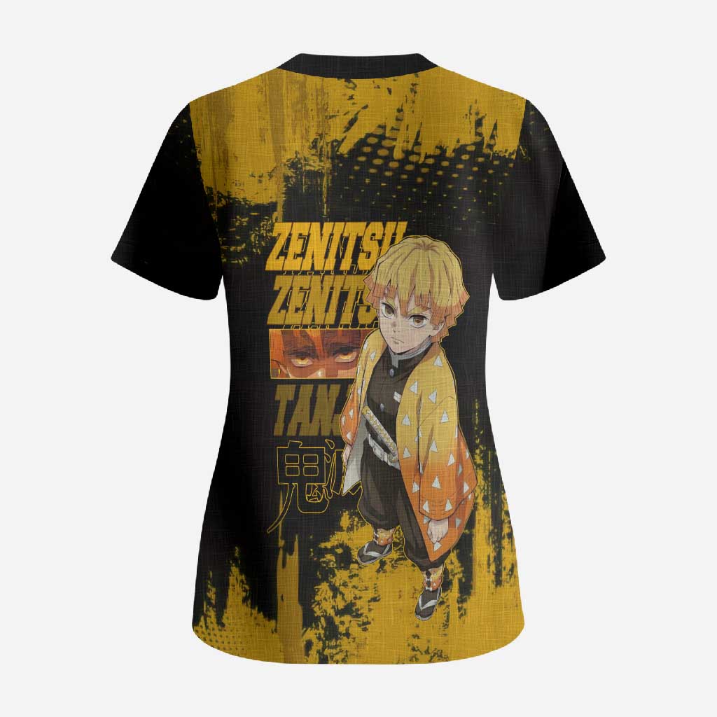 Zenitsu Agatsuma Demon Slayer Yellow Grunge Design Scrub Top with Lightning Eyes and Bold Pose - The Mazicc