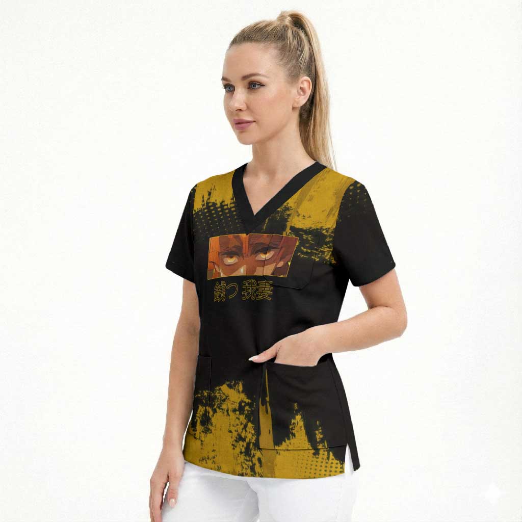 Zenitsu Agatsuma Demon Slayer Yellow Grunge Design Scrub Top with Lightning Eyes and Bold Pose - The Mazicc