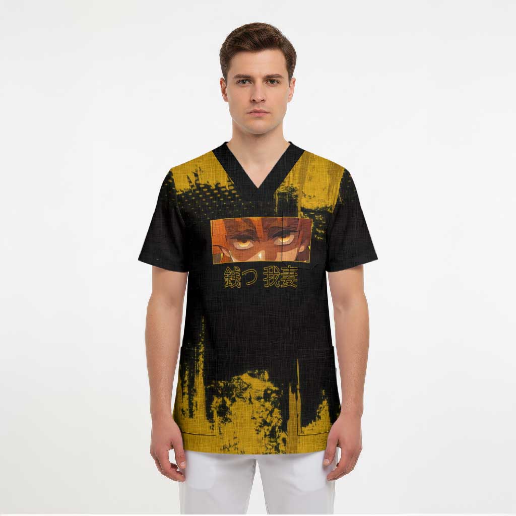 Zenitsu Agatsuma Demon Slayer Yellow Grunge Design Scrub Top with Lightning Eyes and Bold Pose - The Mazicc