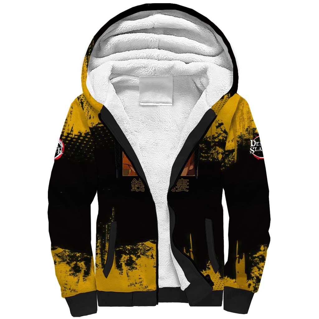 Zenitsu Agatsuma Demon Slayer Yellow Grunge Design Sherpa Hoodie with Lightning Eyes and Bold Pose - The Mazicc