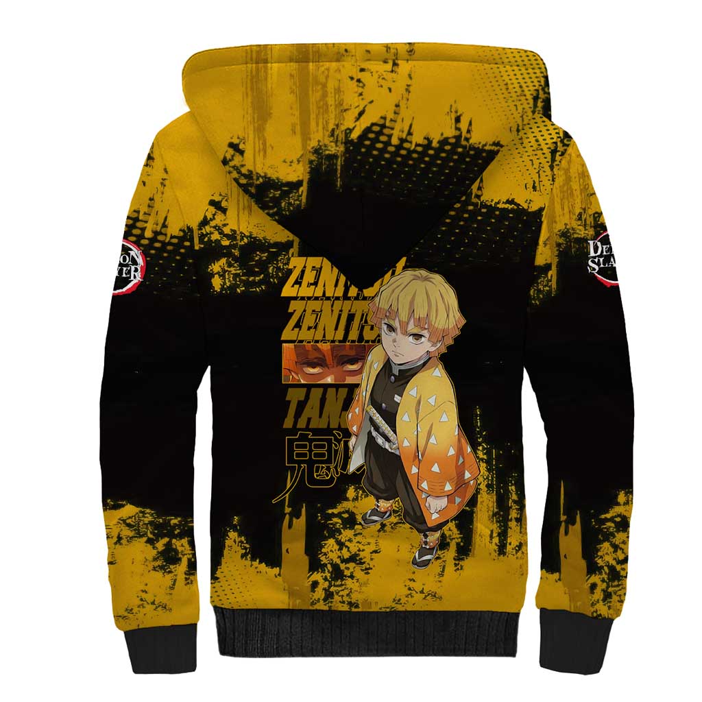 Zenitsu Agatsuma Demon Slayer Yellow Grunge Design Sherpa Hoodie with Lightning Eyes and Bold Pose - The Mazicc