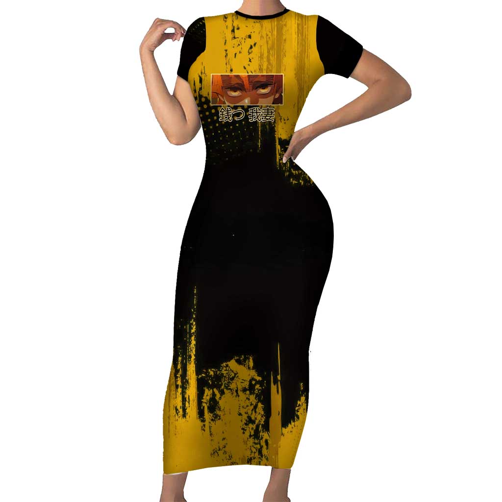 Zenitsu Agatsuma Demon Slayer Yellow Grunge Design Short Sleeve Bodycon Dress with Lightning Eyes and Bold Pose - The Mazicc