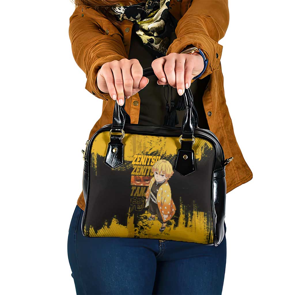 Zenitsu Agatsuma Demon Slayer Yellow Grunge Design Shoulder Handbag with Lightning Eyes and Bold Pose - The Mazicc