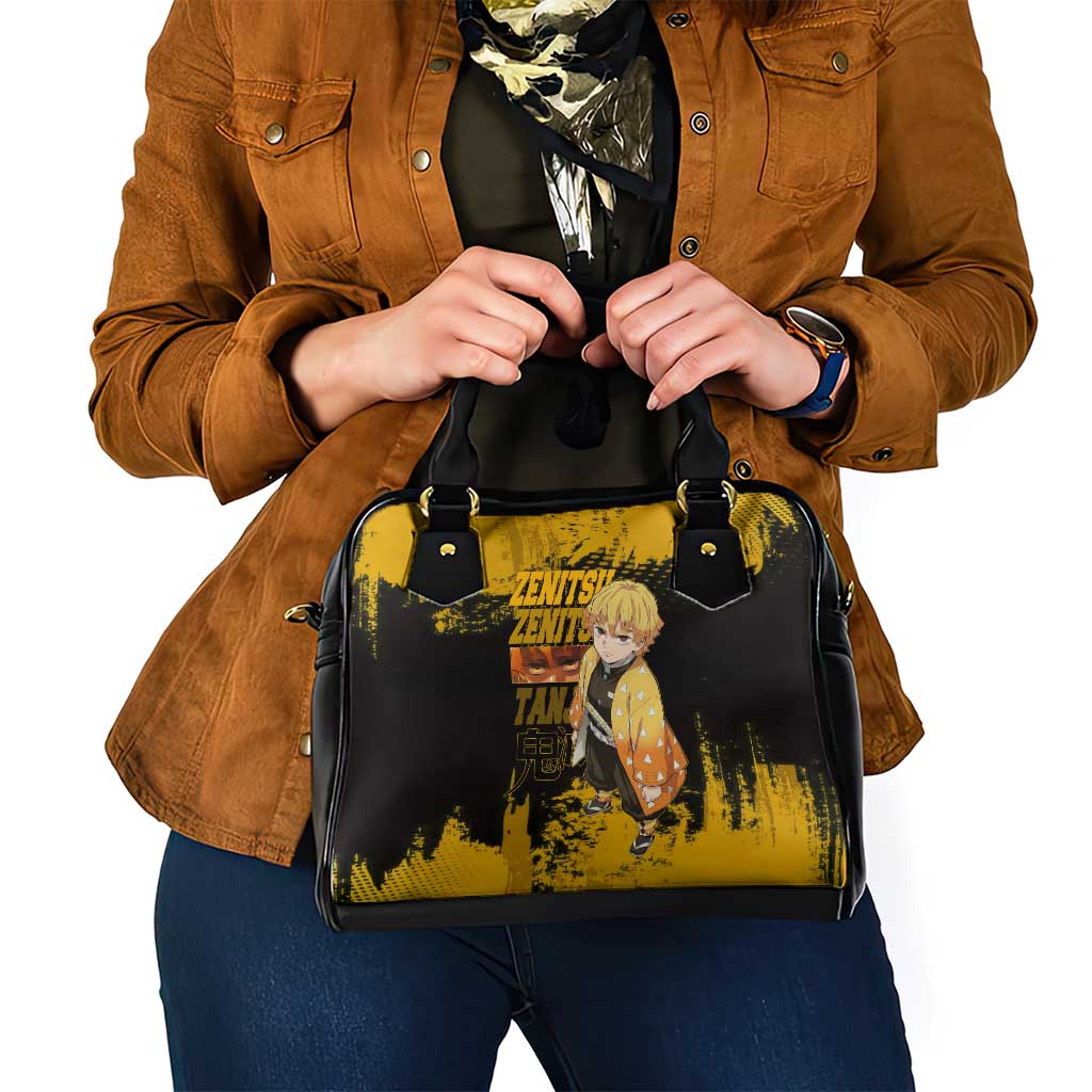 Zenitsu Agatsuma Demon Slayer Yellow Grunge Design Shoulder Handbag with Lightning Eyes and Bold Pose - The Mazicc