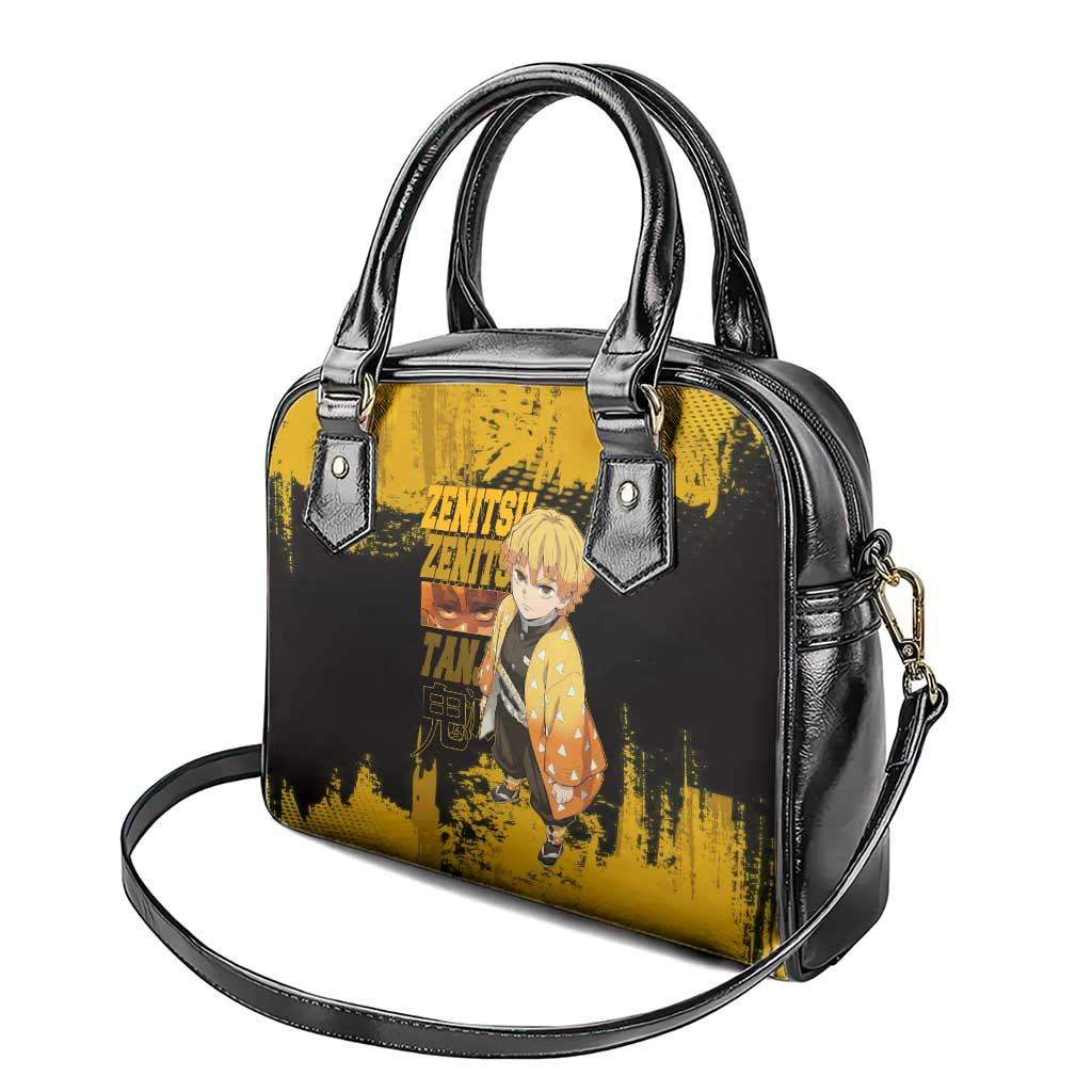 Zenitsu Agatsuma Demon Slayer Yellow Grunge Design Shoulder Handbag with Lightning Eyes and Bold Pose - The Mazicc