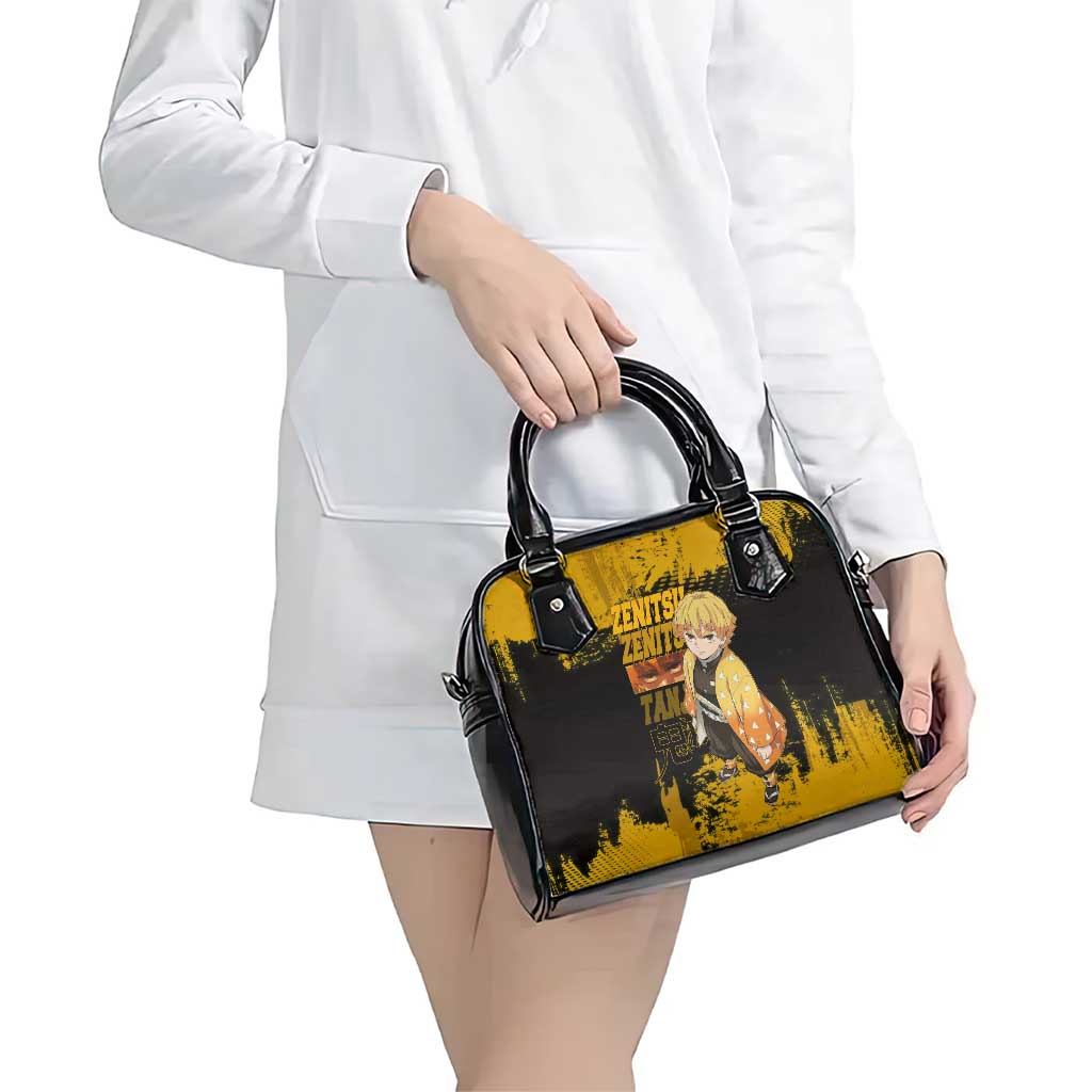 Zenitsu Agatsuma Demon Slayer Yellow Grunge Design Shoulder Handbag with Lightning Eyes and Bold Pose - The Mazicc