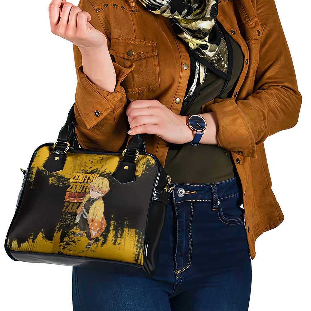 Zenitsu Agatsuma Demon Slayer Yellow Grunge Design Shoulder Handbag with Lightning Eyes and Bold Pose - The Mazicc