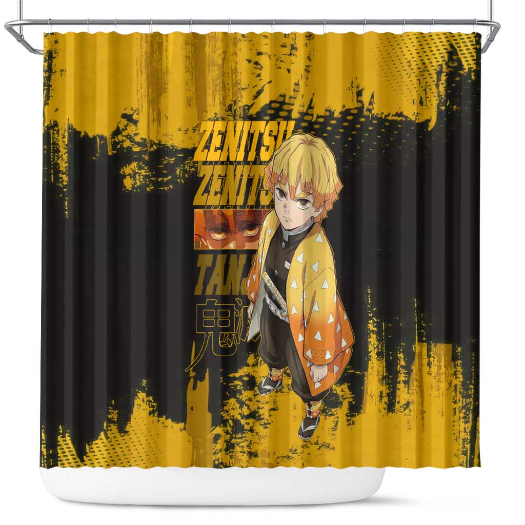 Zenitsu Agatsuma Demon Slayer Yellow Grunge Design Shower Curtain with Lightning Eyes and Bold Pose - The Mazicc