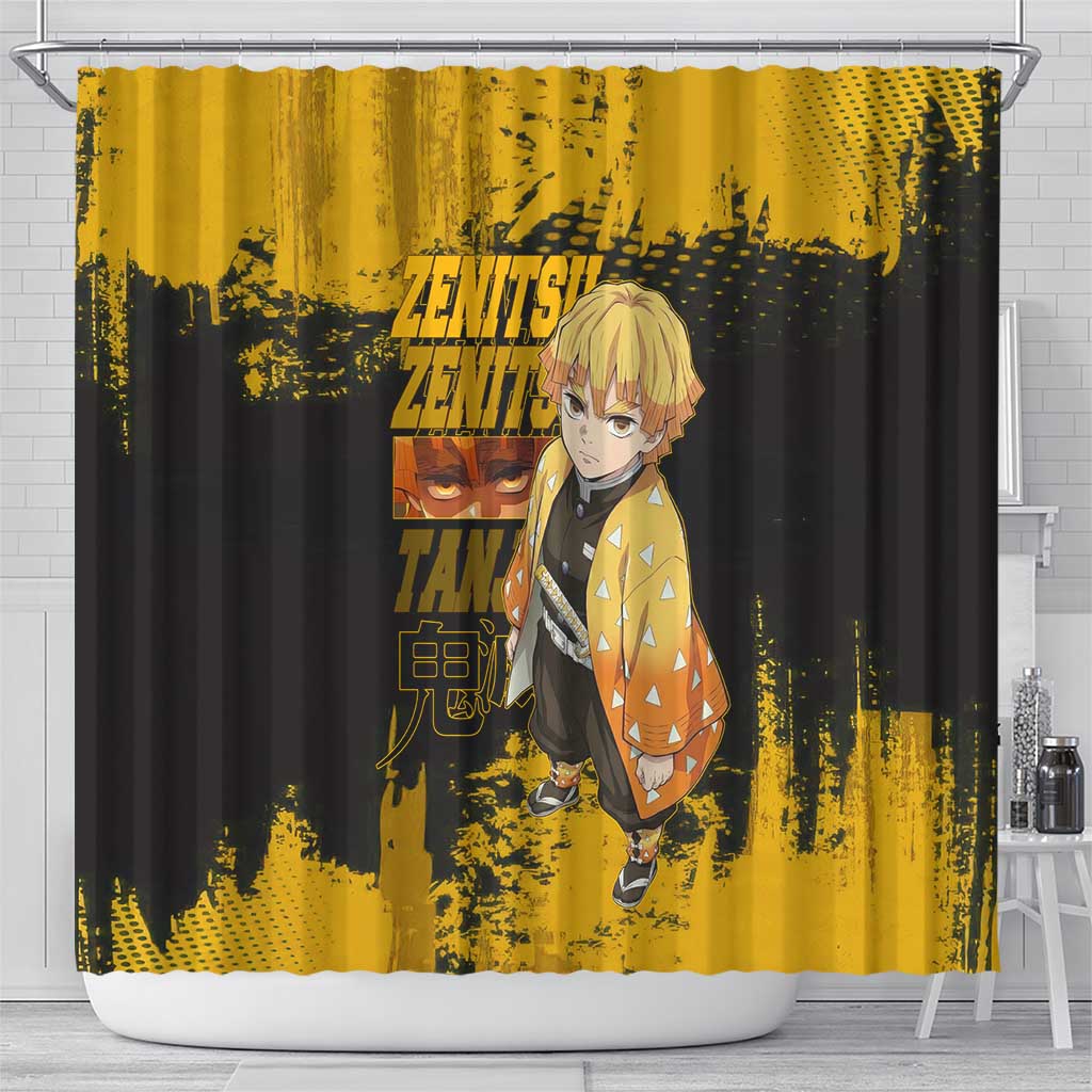 Zenitsu Agatsuma Demon Slayer Yellow Grunge Design Shower Curtain with Lightning Eyes and Bold Pose - The Mazicc