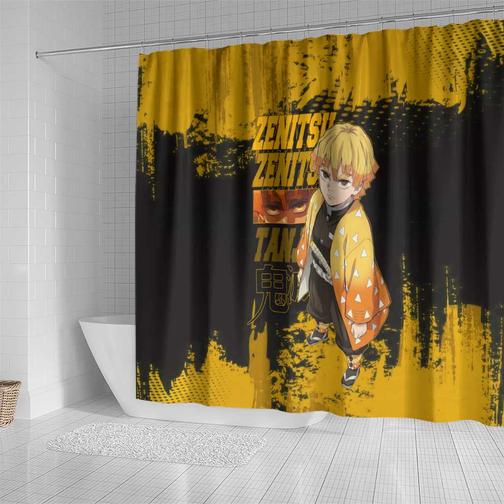 Zenitsu Agatsuma Demon Slayer Yellow Grunge Design Shower Curtain with Lightning Eyes and Bold Pose - The Mazicc