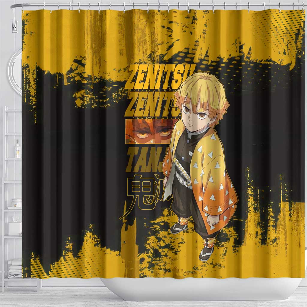 Zenitsu Agatsuma Demon Slayer Yellow Grunge Design Shower Curtain with Lightning Eyes and Bold Pose - The Mazicc