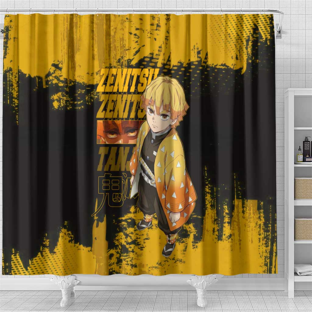 Zenitsu Agatsuma Demon Slayer Yellow Grunge Design Shower Curtain with Lightning Eyes and Bold Pose - The Mazicc