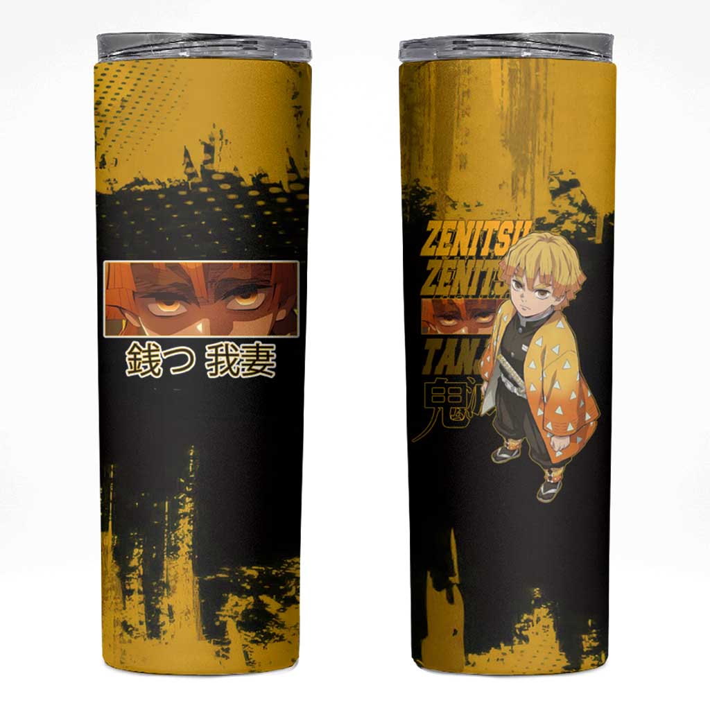 Zenitsu Agatsuma Demon Slayer Yellow Grunge Design Skinny Tumbler with Lightning Eyes and Bold Pose - The Mazicc