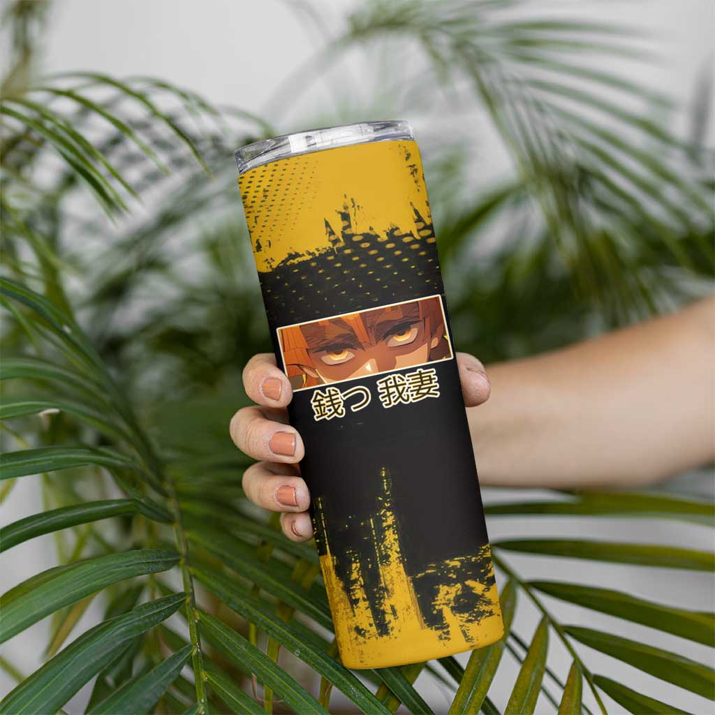 Zenitsu Agatsuma Demon Slayer Yellow Grunge Design Skinny Tumbler with Lightning Eyes and Bold Pose - The Mazicc