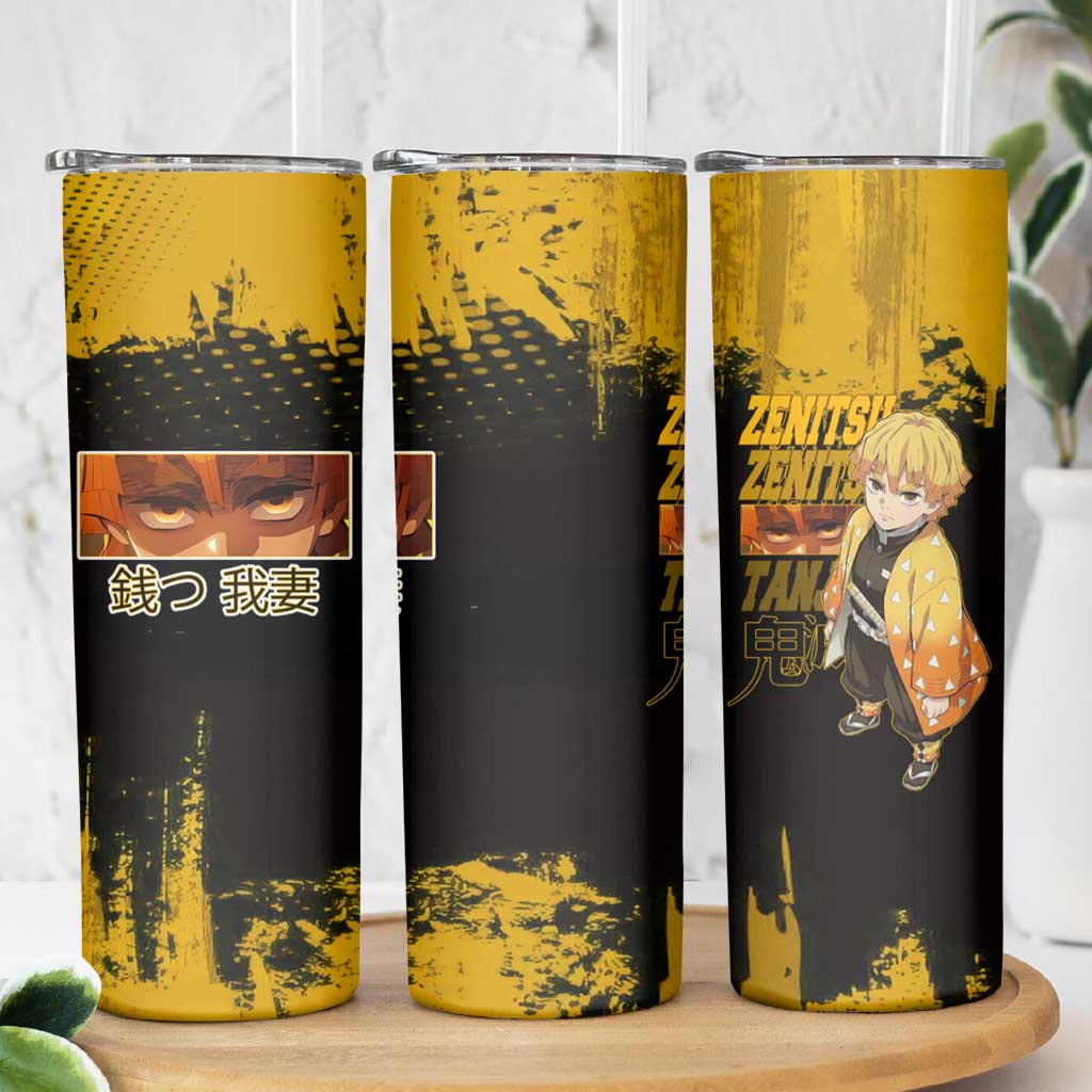 Zenitsu Agatsuma Demon Slayer Yellow Grunge Design Skinny Tumbler with Lightning Eyes and Bold Pose - The Mazicc