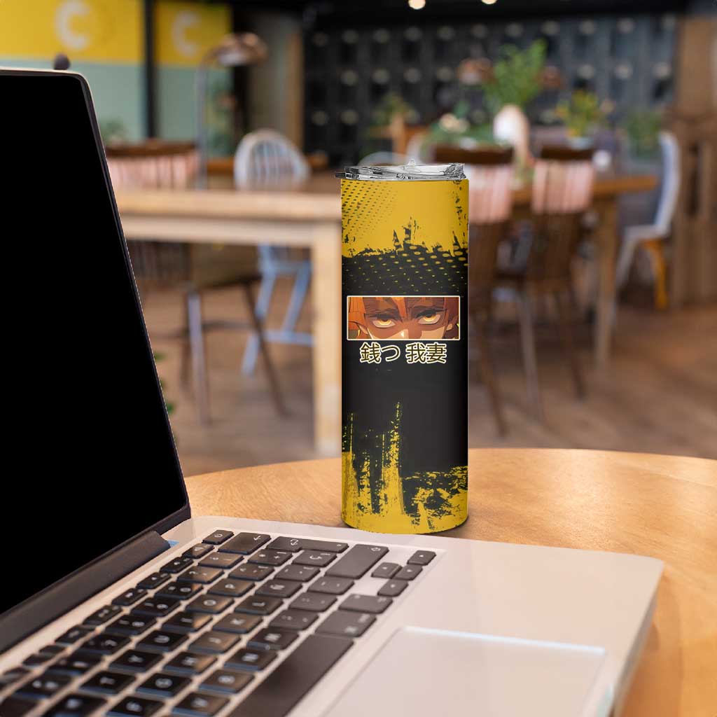 Zenitsu Agatsuma Demon Slayer Yellow Grunge Design Skinny Tumbler with Lightning Eyes and Bold Pose - The Mazicc