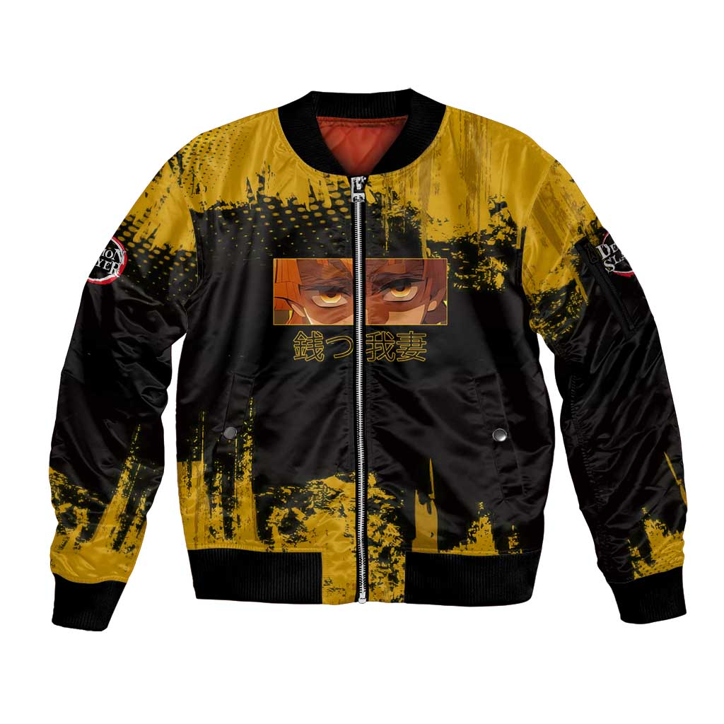 Zenitsu Agatsuma Demon Slayer Yellow Grunge Design Sleeve Zip Bomber Jacket with Lightning Eyes and Bold Pose - The Mazicc