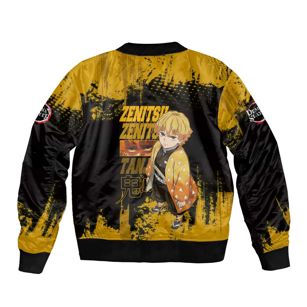 Zenitsu Agatsuma Demon Slayer Yellow Grunge Design Sleeve Zip Bomber Jacket with Lightning Eyes and Bold Pose - The Mazicc