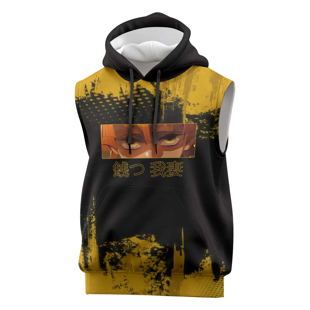 Zenitsu Agatsuma Demon Slayer Yellow Grunge Design Sleeveless Hoodie with Lightning Eyes and Bold Pose - The Mazicc