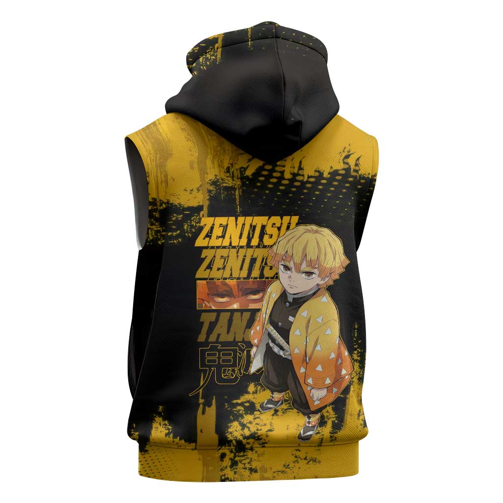 Zenitsu Agatsuma Demon Slayer Yellow Grunge Design Sleeveless Hoodie with Lightning Eyes and Bold Pose - The Mazicc