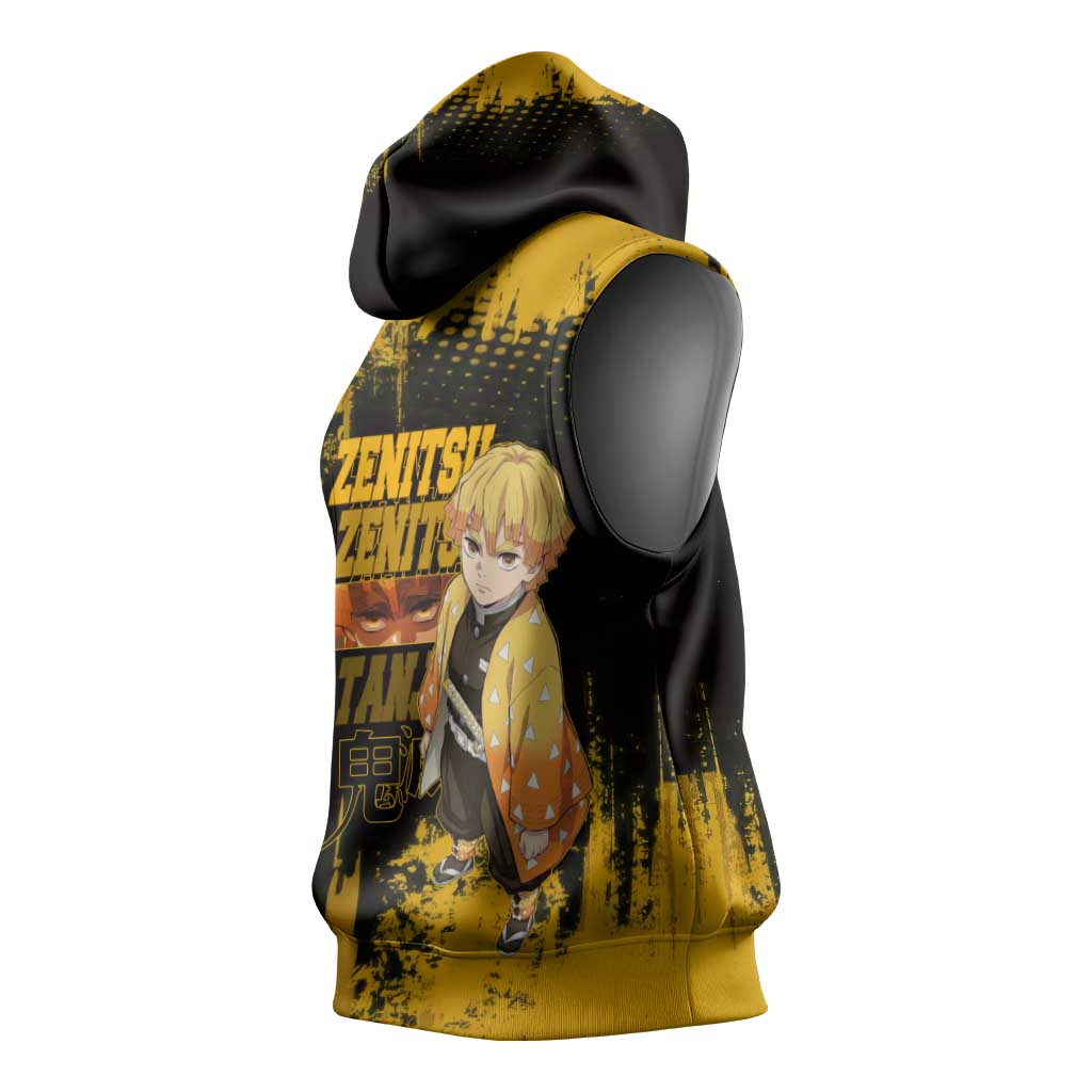 Zenitsu Agatsuma Demon Slayer Yellow Grunge Design Sleeveless Hoodie with Lightning Eyes and Bold Pose - The Mazicc