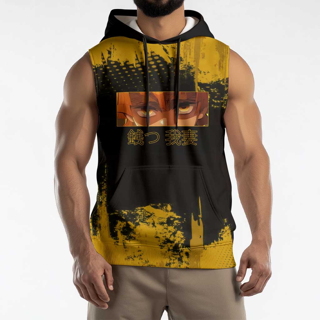 Zenitsu Agatsuma Demon Slayer Yellow Grunge Design Sleeveless Hoodie with Lightning Eyes and Bold Pose - The Mazicc