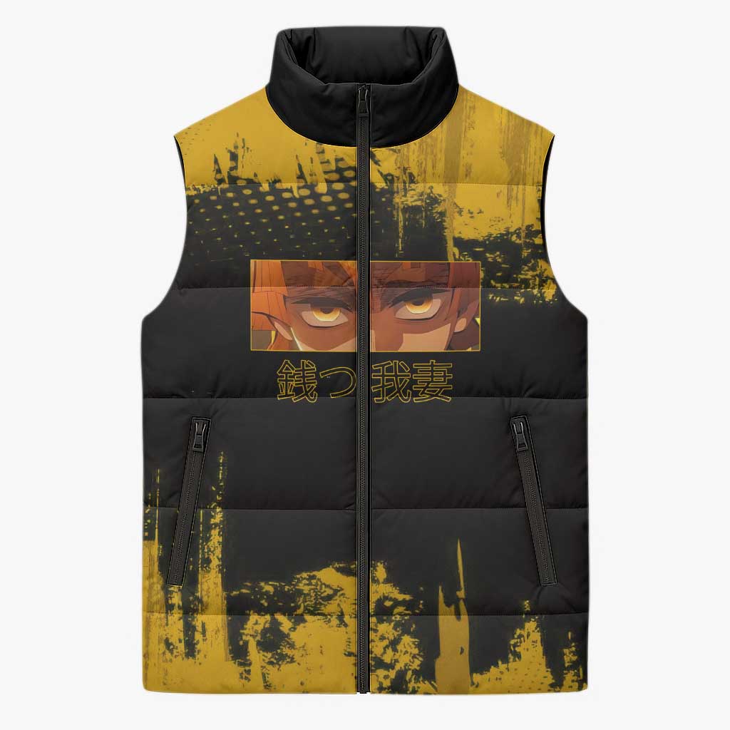 Zenitsu Agatsuma Demon Slayer Yellow Grunge Design Sleeveless Puffer Jacket with Lightning Eyes and Bold Pose - The Mazicc