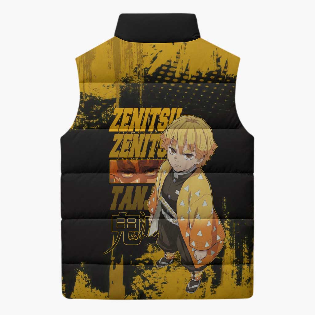 Zenitsu Agatsuma Demon Slayer Yellow Grunge Design Sleeveless Puffer Jacket with Lightning Eyes and Bold Pose - The Mazicc